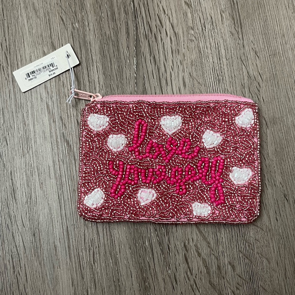 Pink Beaded Pouch with Heart Design